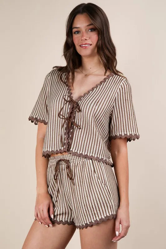 VERY J Wave Trim Detail Knit Top & Shorts Set - Fashorio