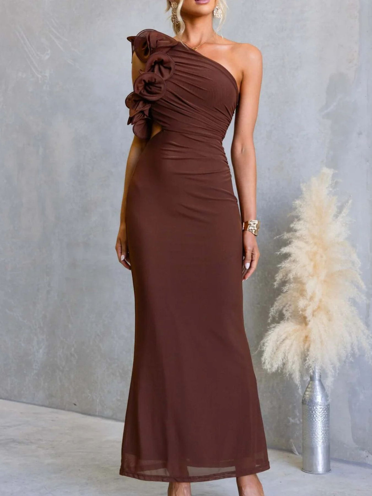 One shoulder floral trim sleeveless maxi dress full length view