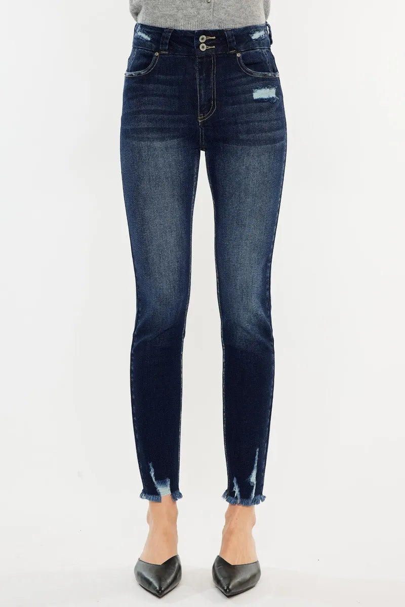 High waist skinny jeans angled view