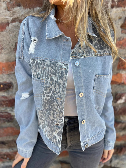 Full Size Leopard Button Up Denim Jacket Plus Size - Fashorio