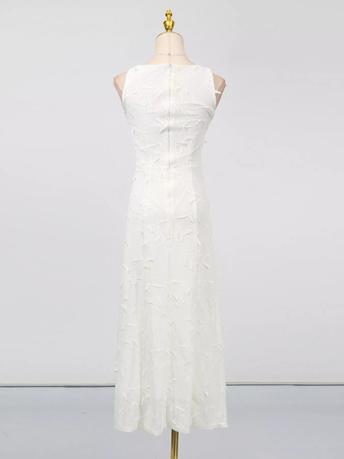 sleeveless floral applique off white midi dress fabric detail