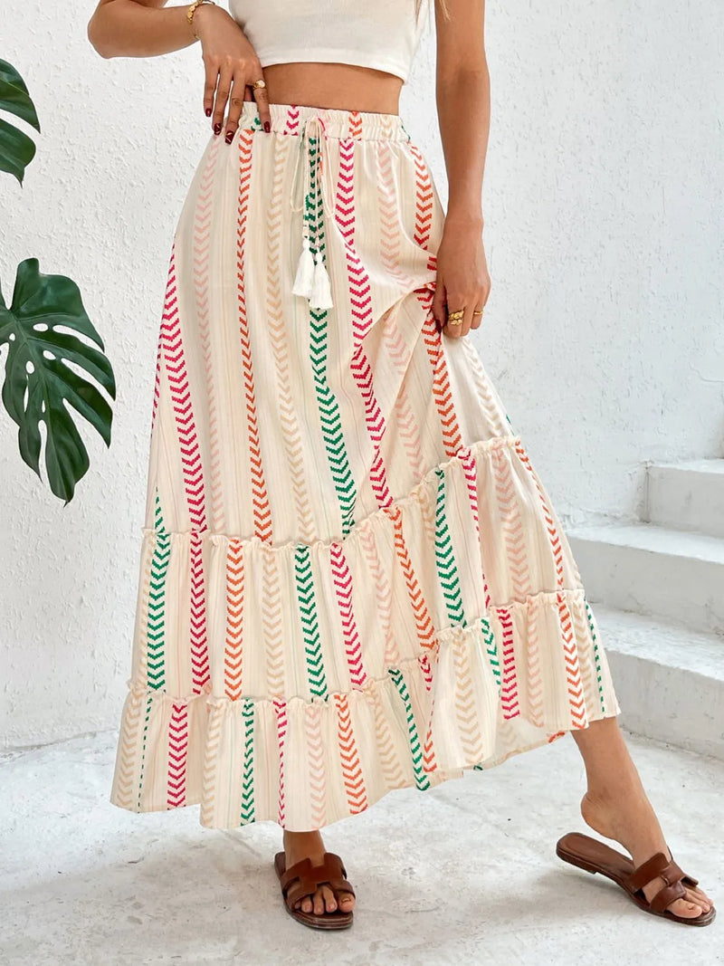 Frill printed tie waist maxi skirt front view