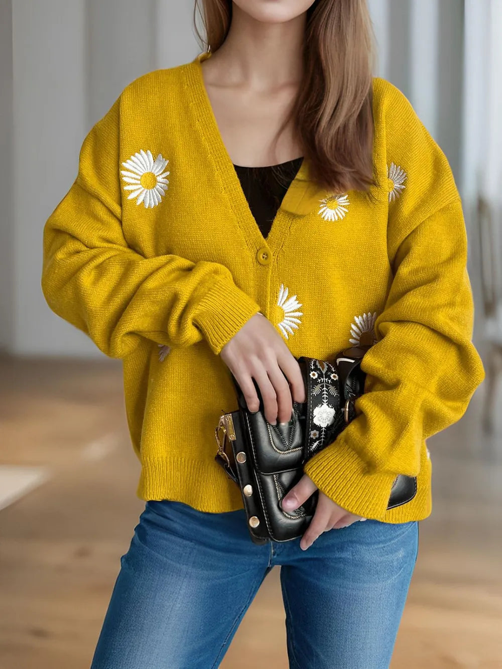 Daisy Button Up V-Neck Cardigan - Fashorio