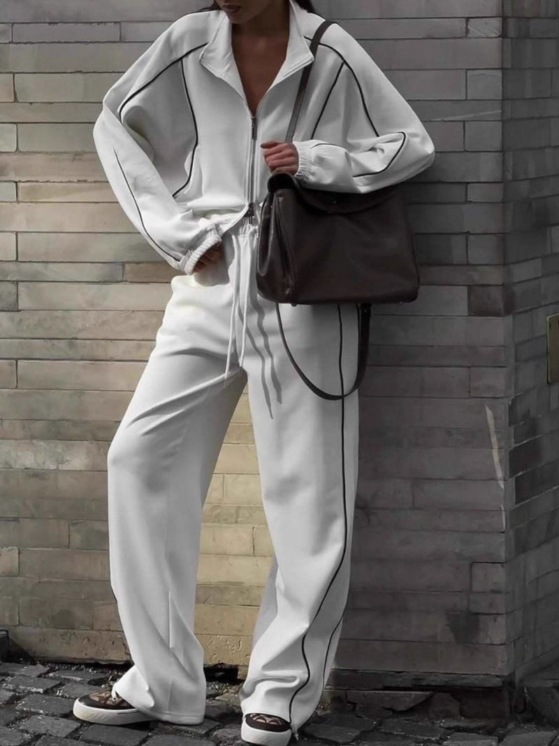 Zip up outerwear and joggers two piece set front view