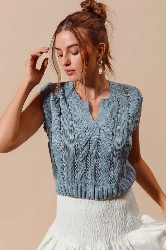 Notched Neck Cable Knit Sweater Vest in Denim Blue