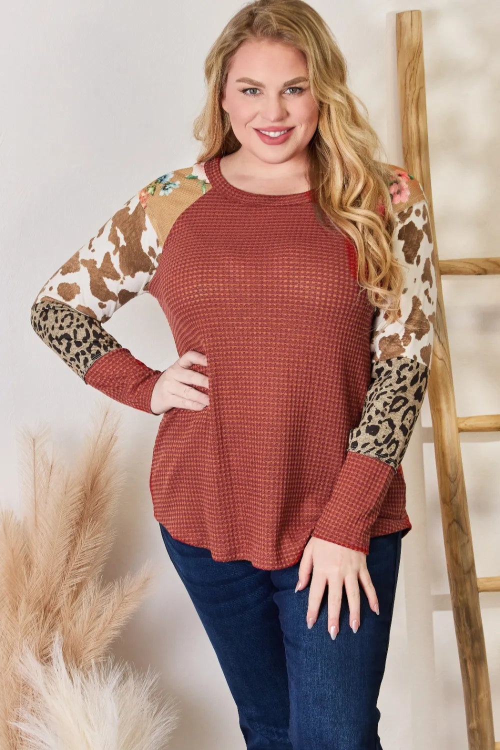 Hailey & Co Full Size Leopard Waffle-Knit Blouse RUST - Fashorio