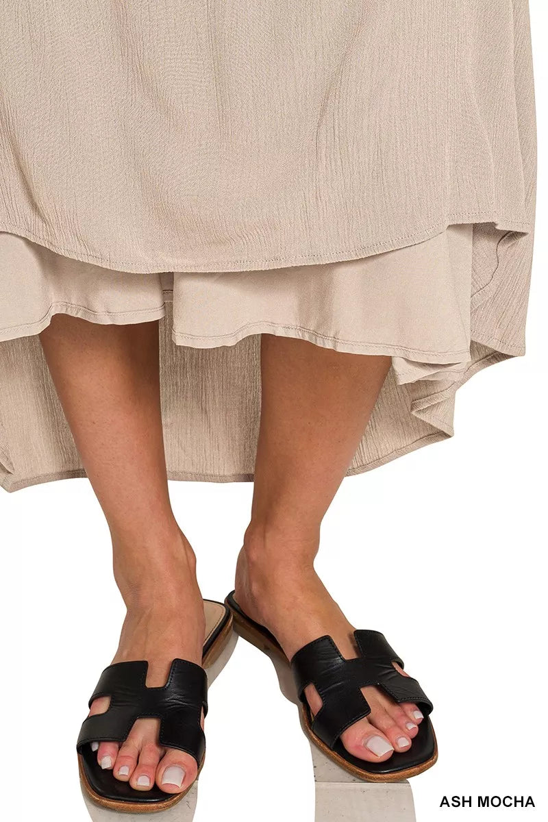 Zenana woven crinkle strapless maxi dress in ash mocha detail of the hem