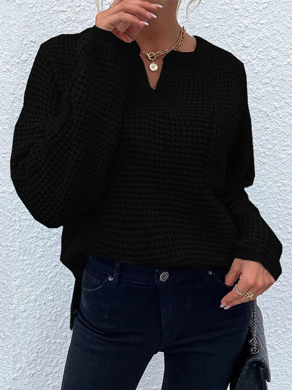 Notched Long Sleeve Sweater Black - Fashorio