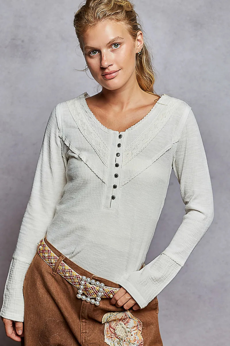 POL Ribbed Half Button Lace Detail Knit Top - Fashorio