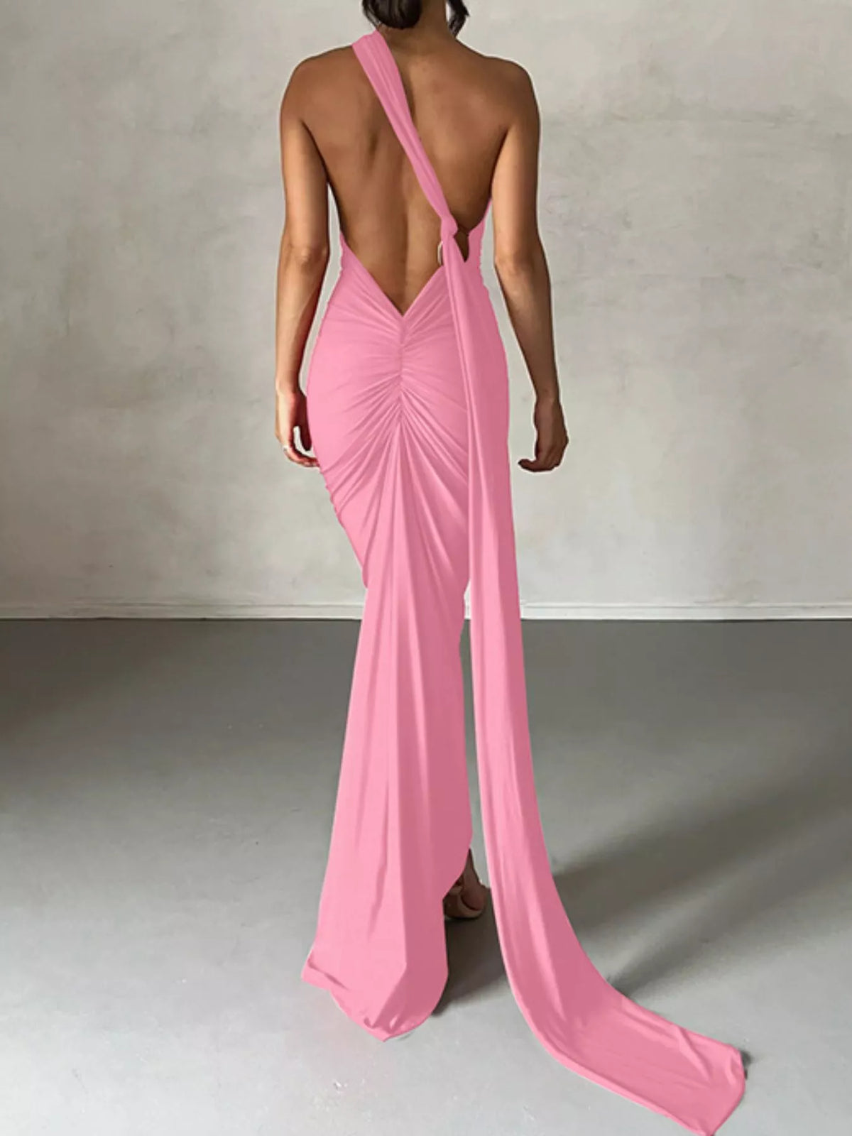 One Shoulder Ruched Bodycon Maxi Dress back view