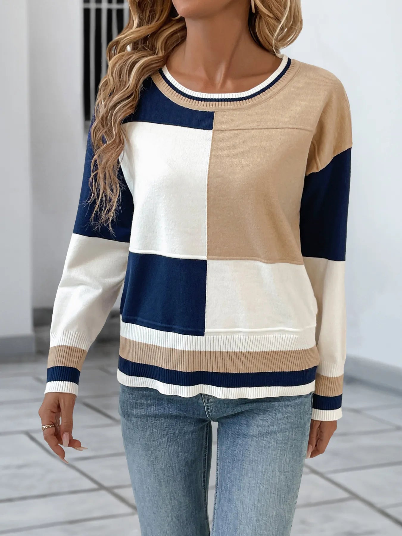 Color Block Round Neck Sweater with Ribbed Trim - Fashorio