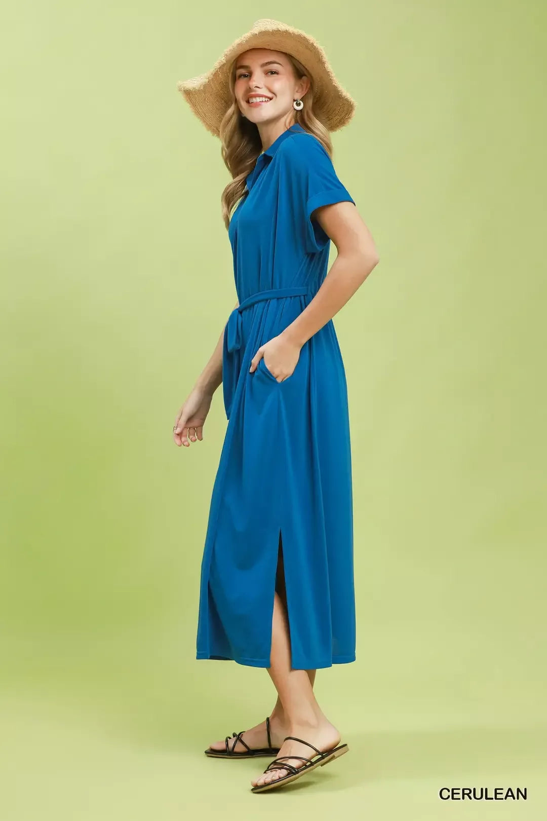 Cerulean blue Umgee collared belted midi dress detail view