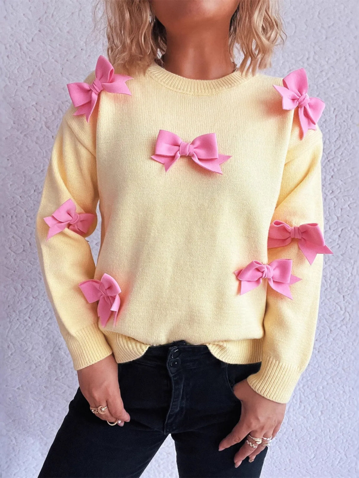 Bow round neck long sleeve sweater front view