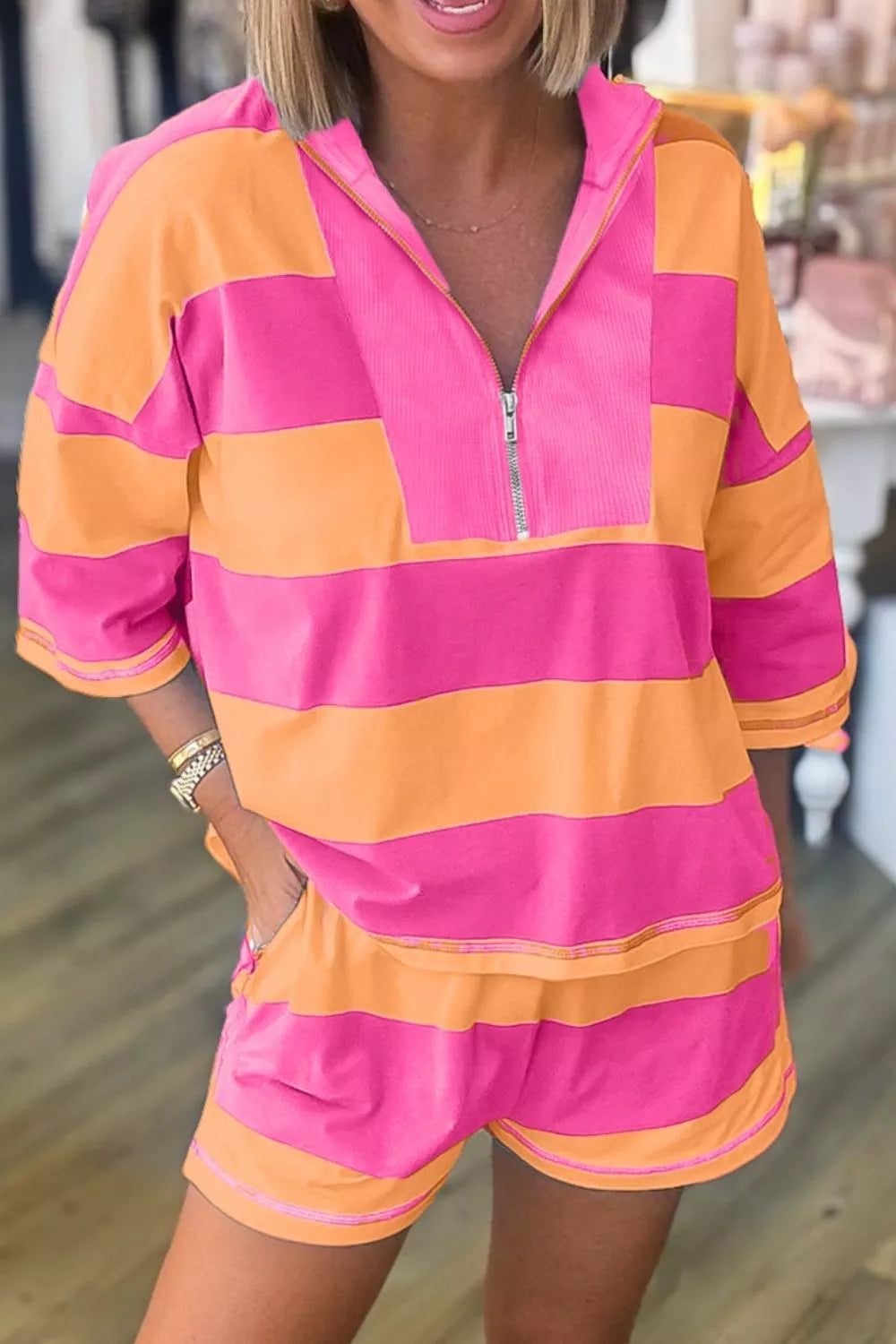 Striped long sleeve top and drawstring shorts set front view