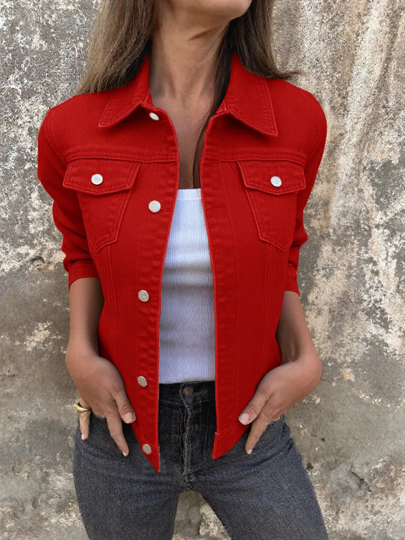 Button Front Closure Denim Jacket Red - Fashorio