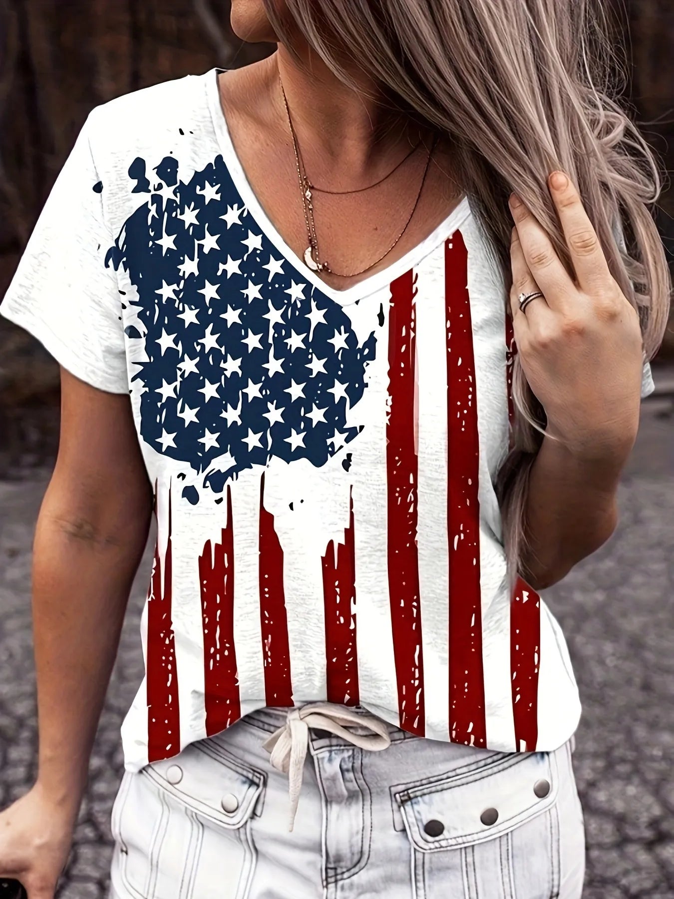 American Flag V-Neck Short Sleeve T-Shirt White - Fashorio