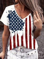 American Flag V-Neck Short Sleeve T-Shirt White - Fashorio