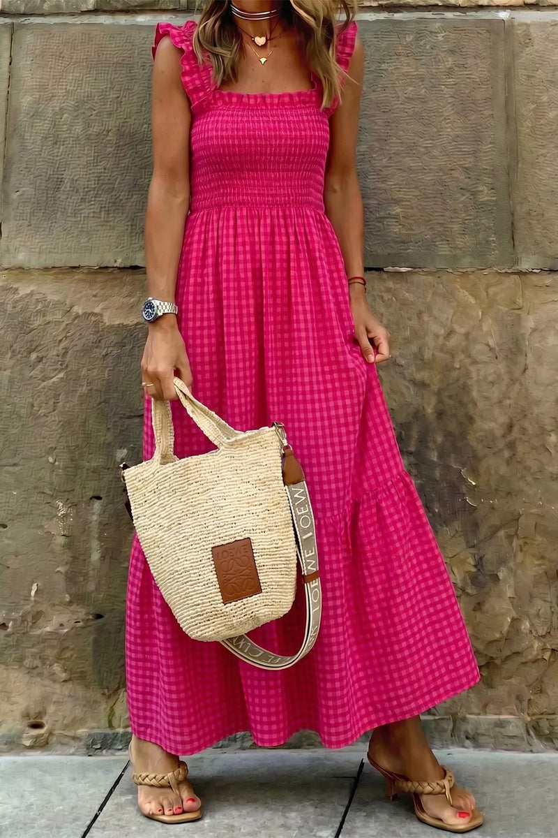 Deep rose plaid square neck fit and flare sundress, front view