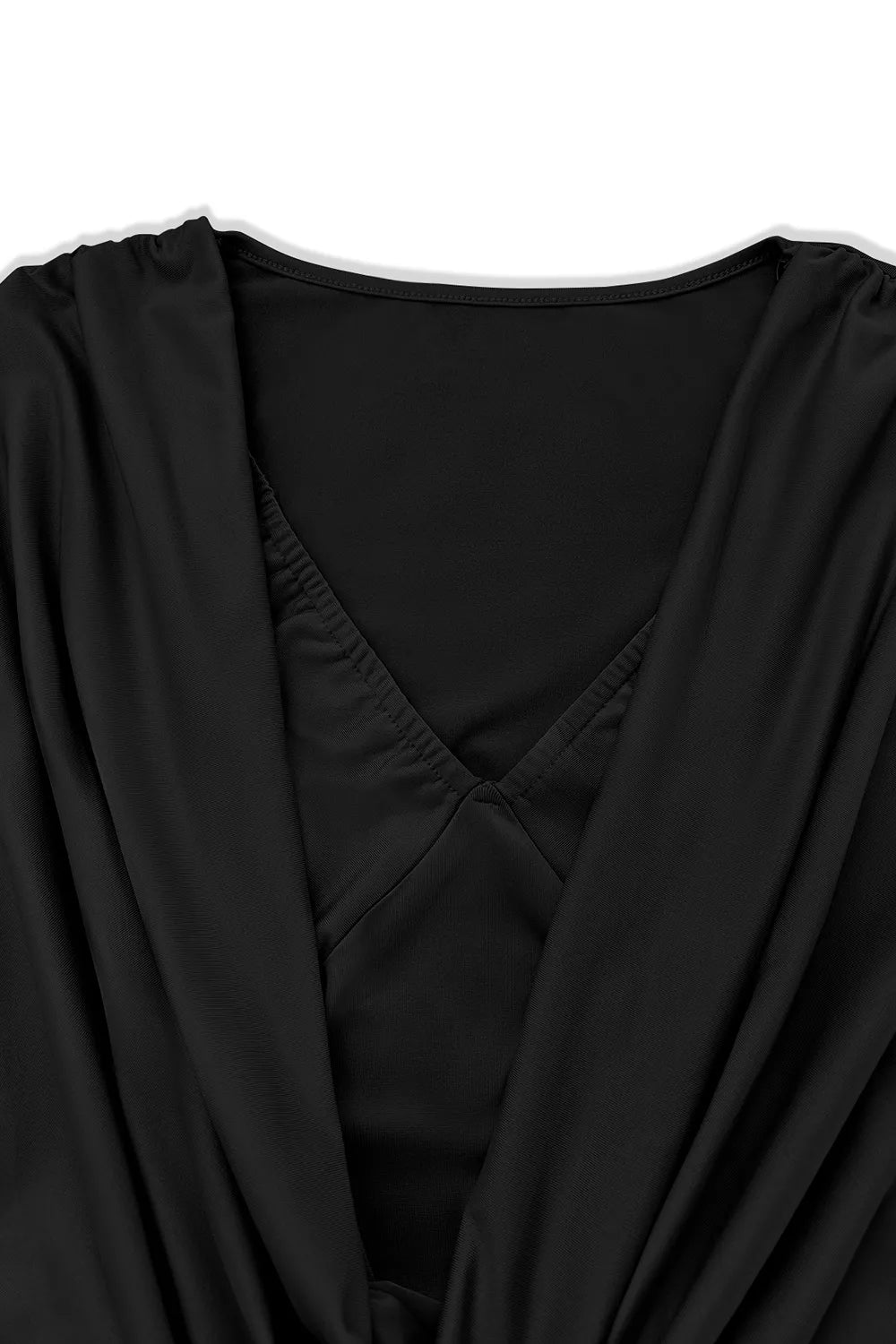 Ruched cowl neck long sleeve mini dress, back view