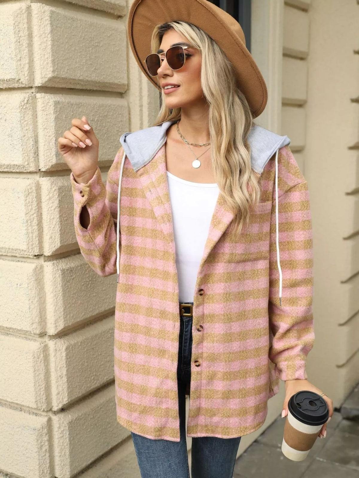 Plaid Hooded Drawstring Jacket in Black view 12