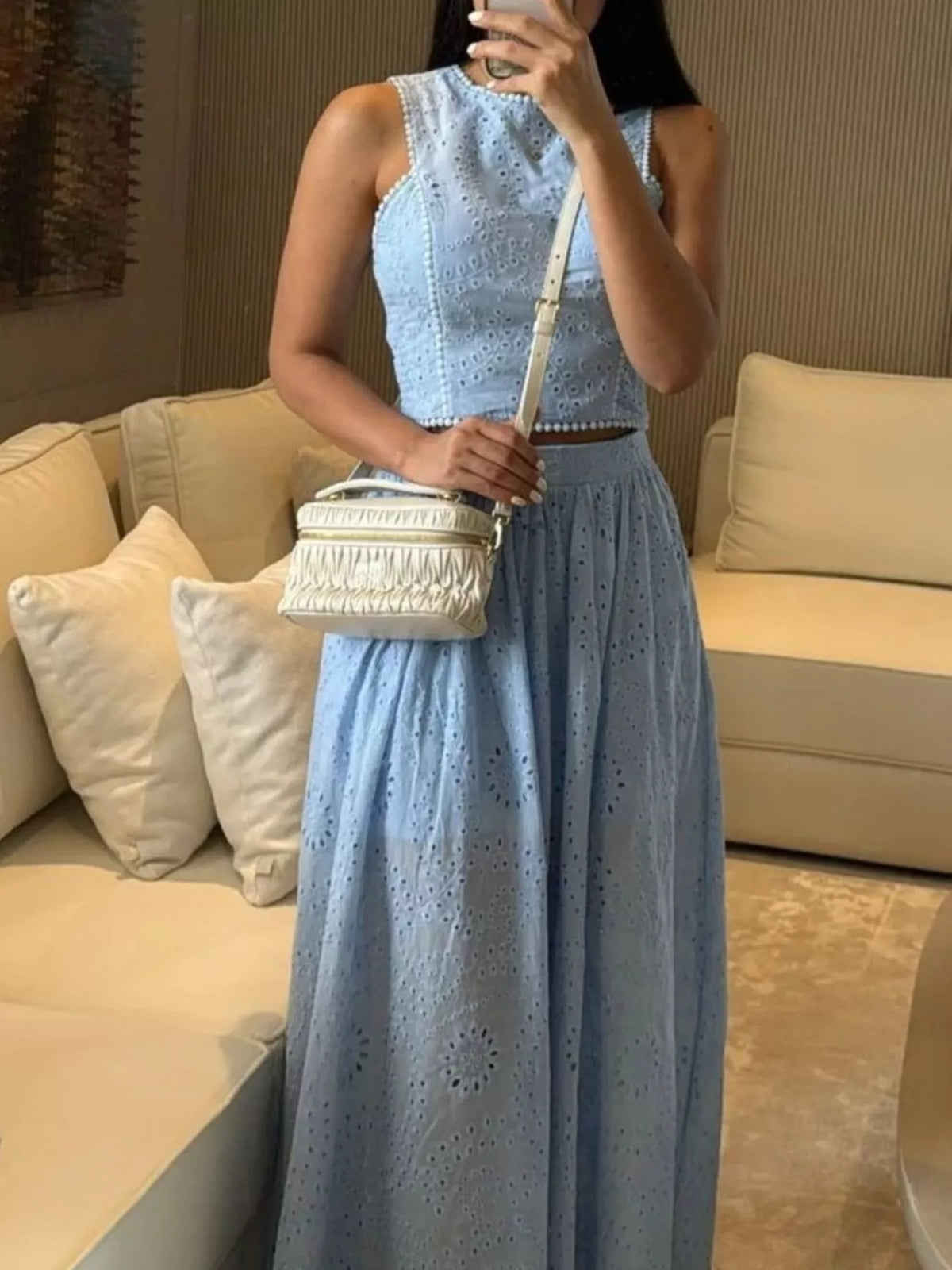 Eyelet two piece maxi skirt set side view