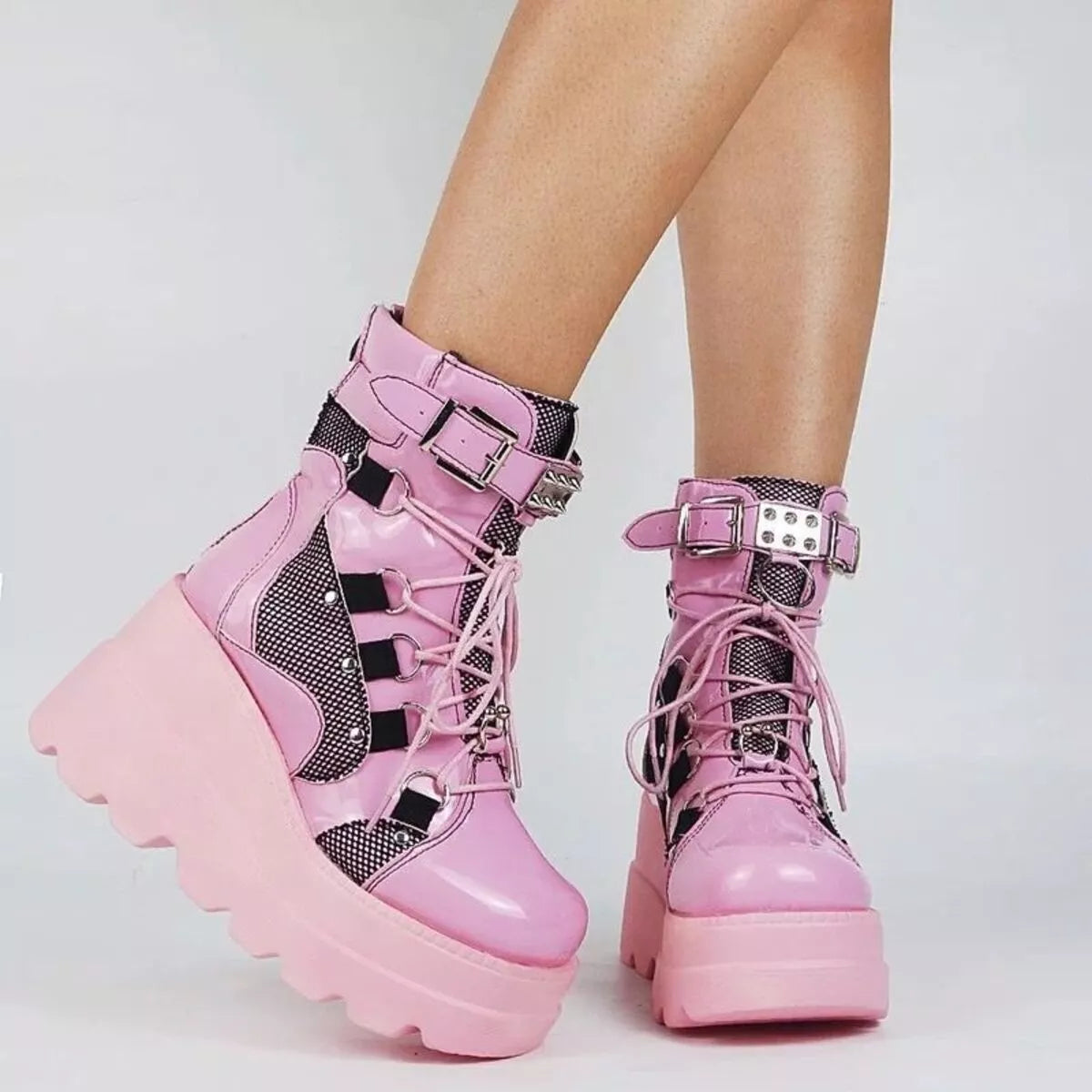 Lace up platform wedge boots top opening view