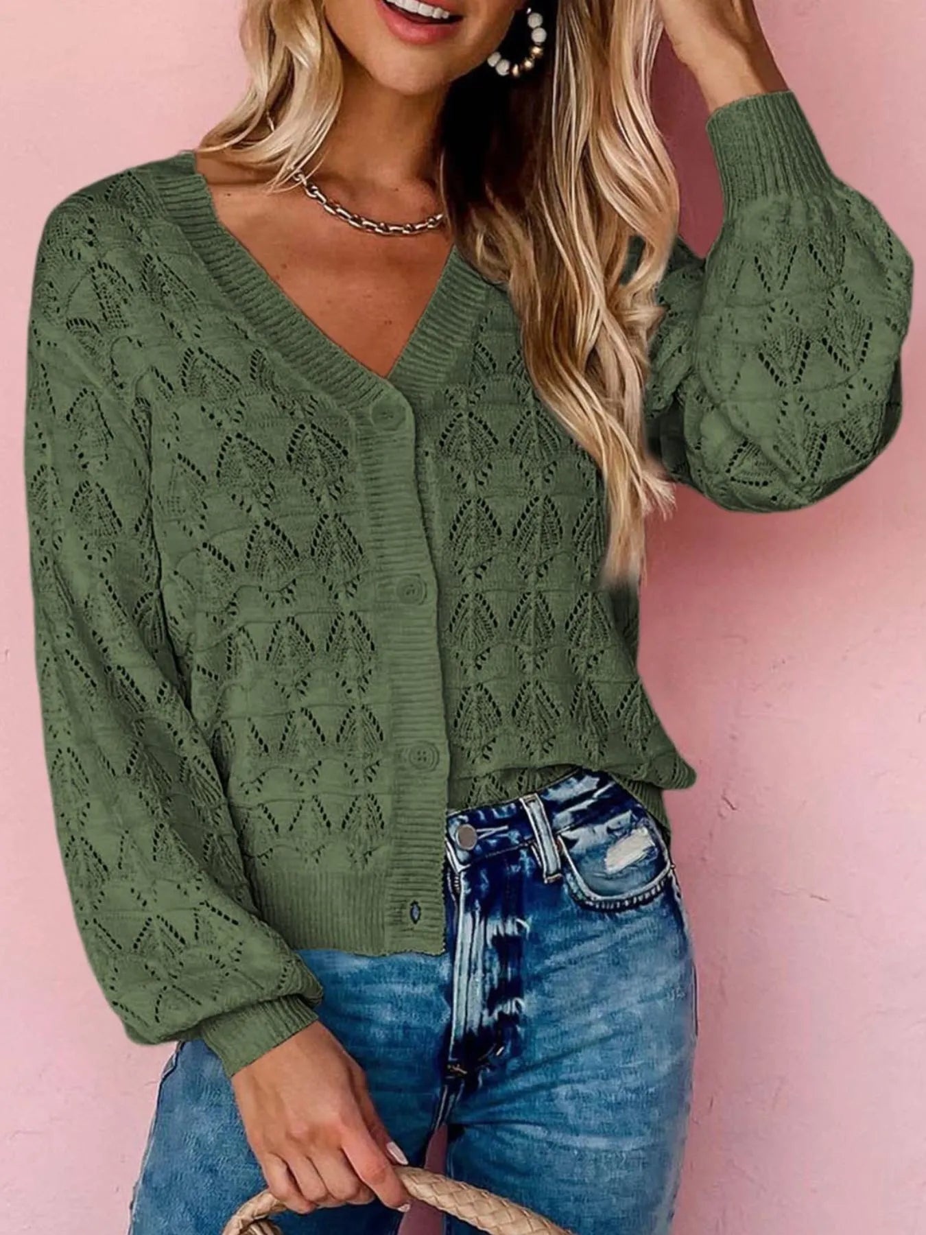 Openwork Button Up Cardigan - Fashorio