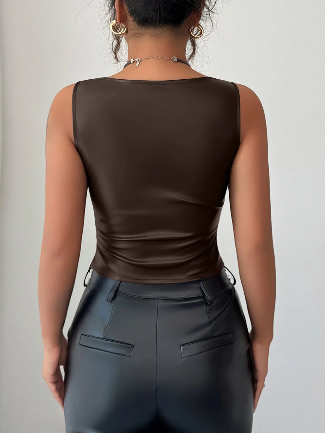 Leather-Look Ruched Tank - Fashorio