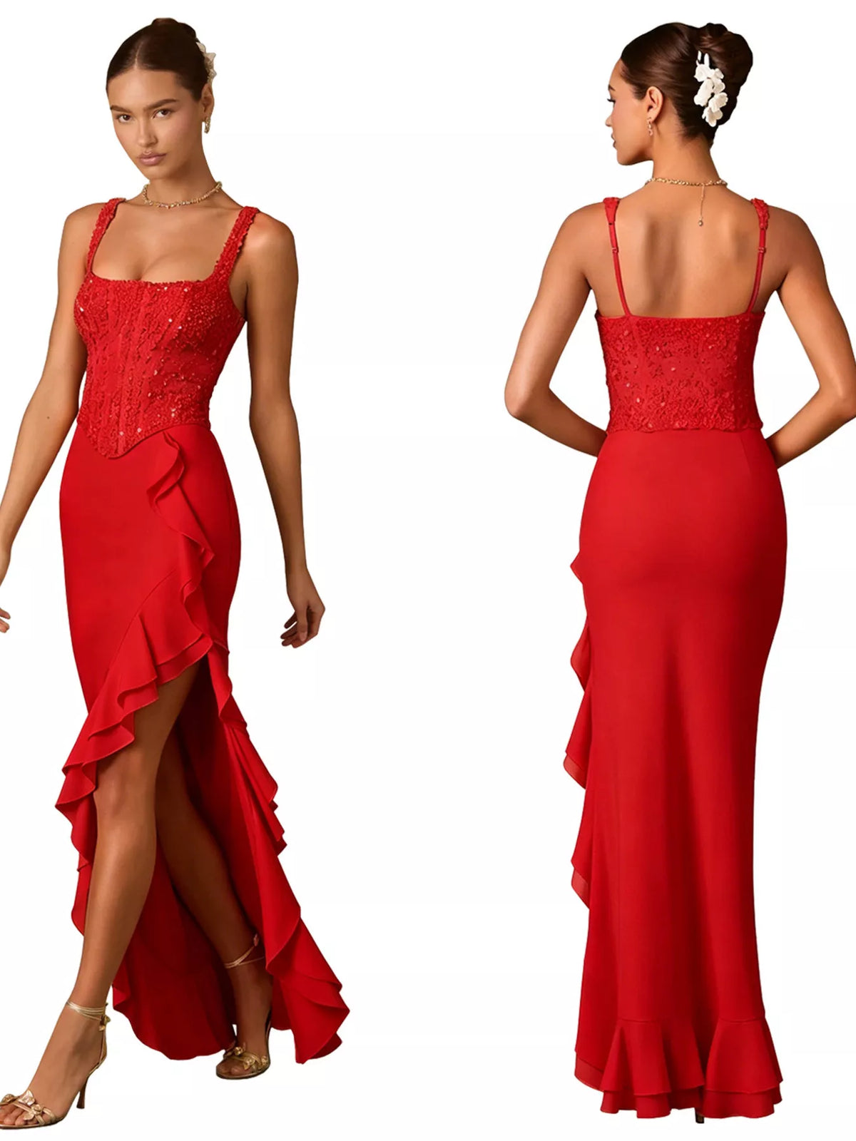 Sequin ruffle hem maxi dress, styled look