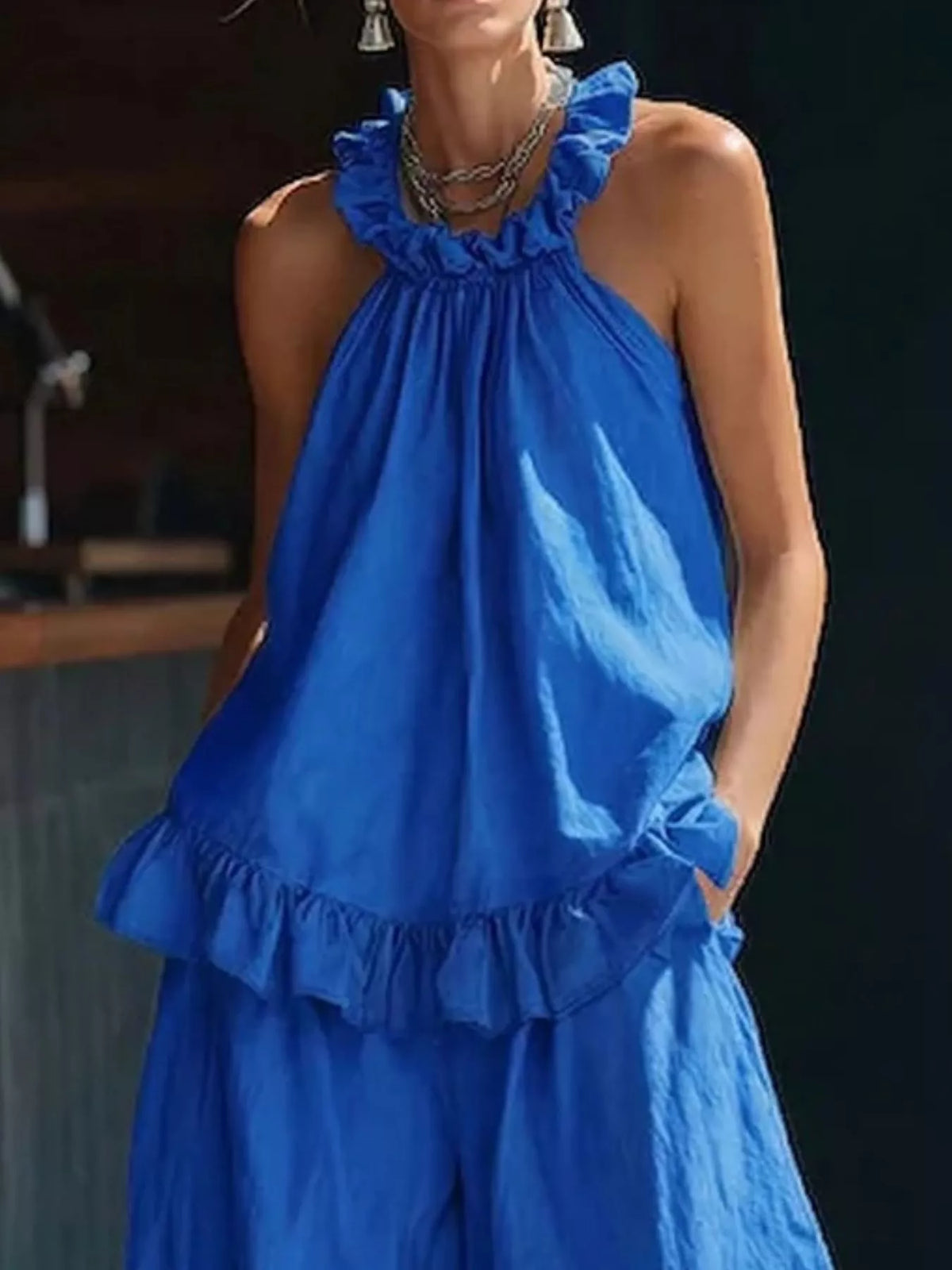 Ruffle halter matching pants set detail view