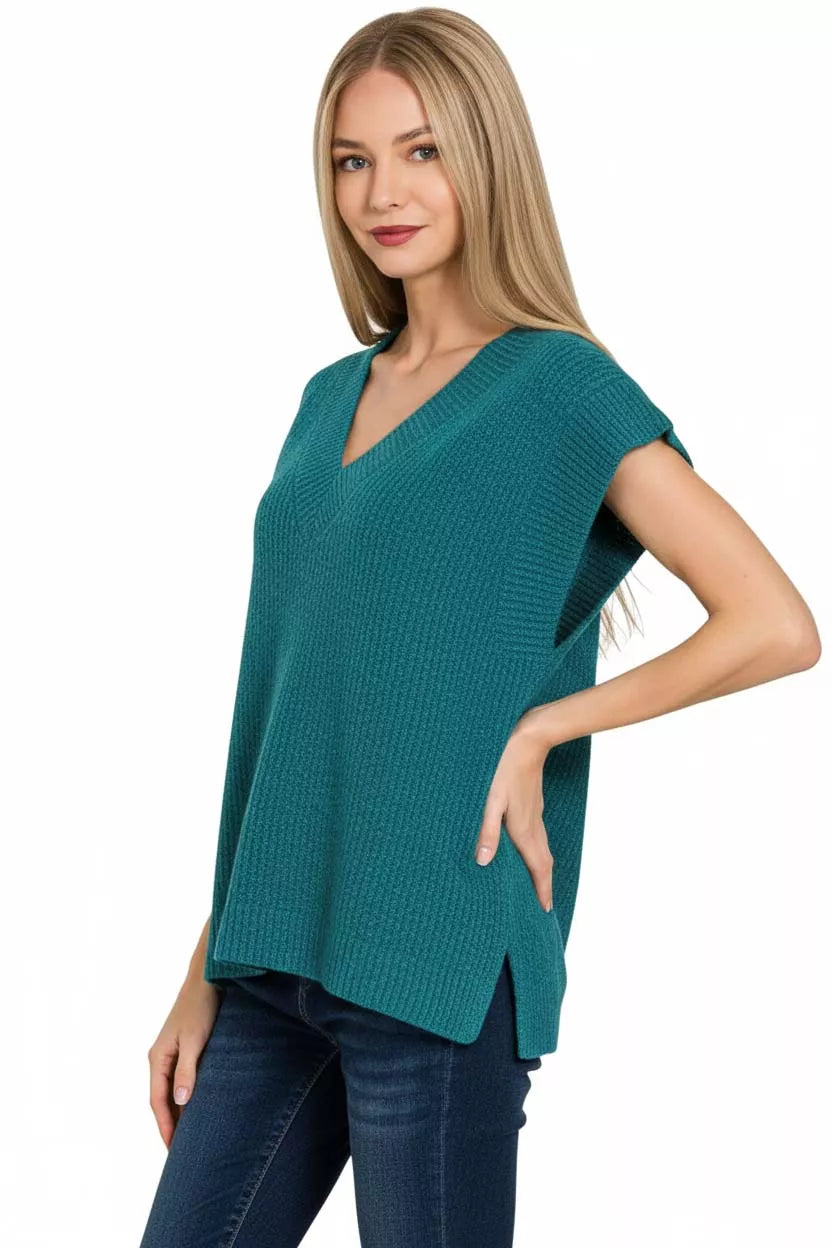 Ribbed Side Slit V Neck Sweater Vest in Teal side view