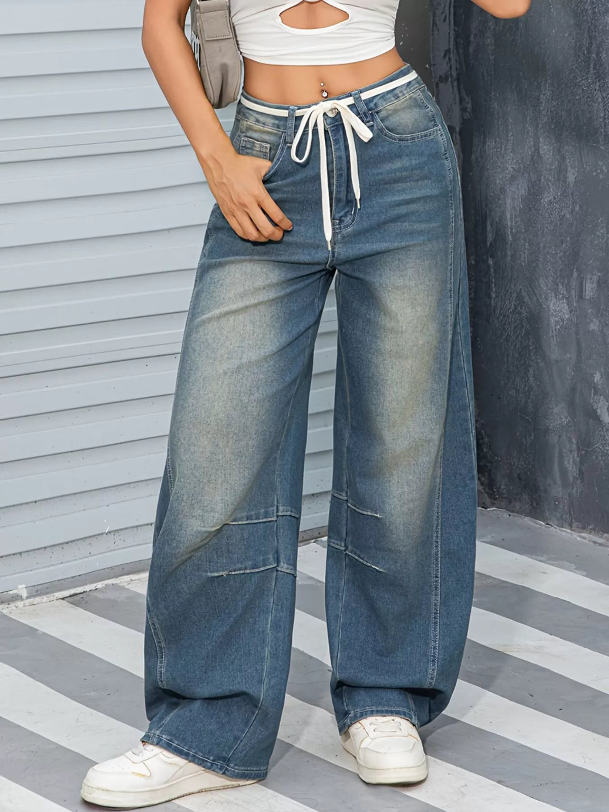 Vintage wash wide leg jeans front view