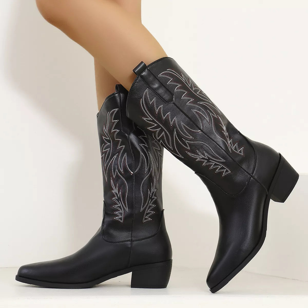 Embroidered Point Toe Block Heel Boots back view