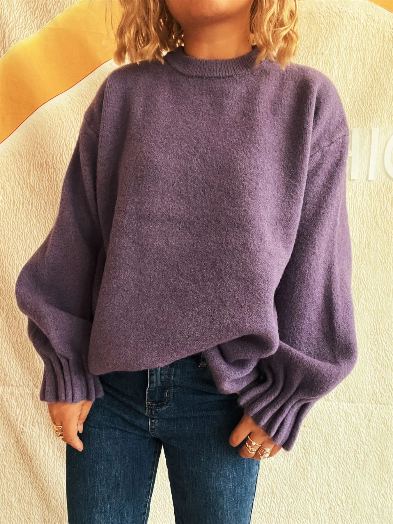 Round Neck Dropped Shoulder Sweater - Fashorio