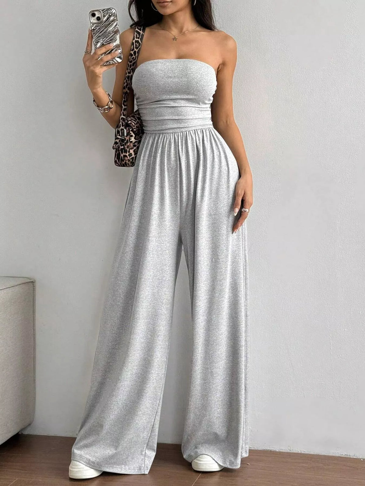 Wide leg strapless tube top jumpsuit fabric detail