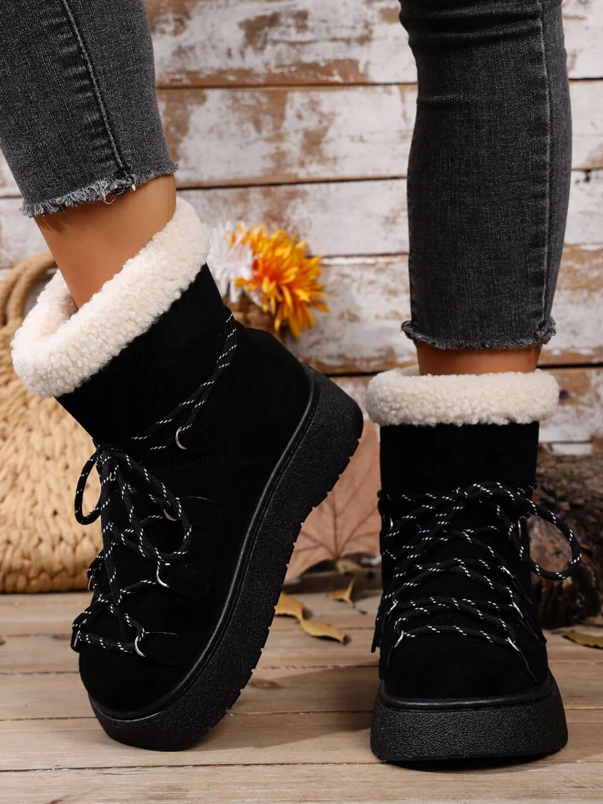 Round toe lace up platform boots side profile