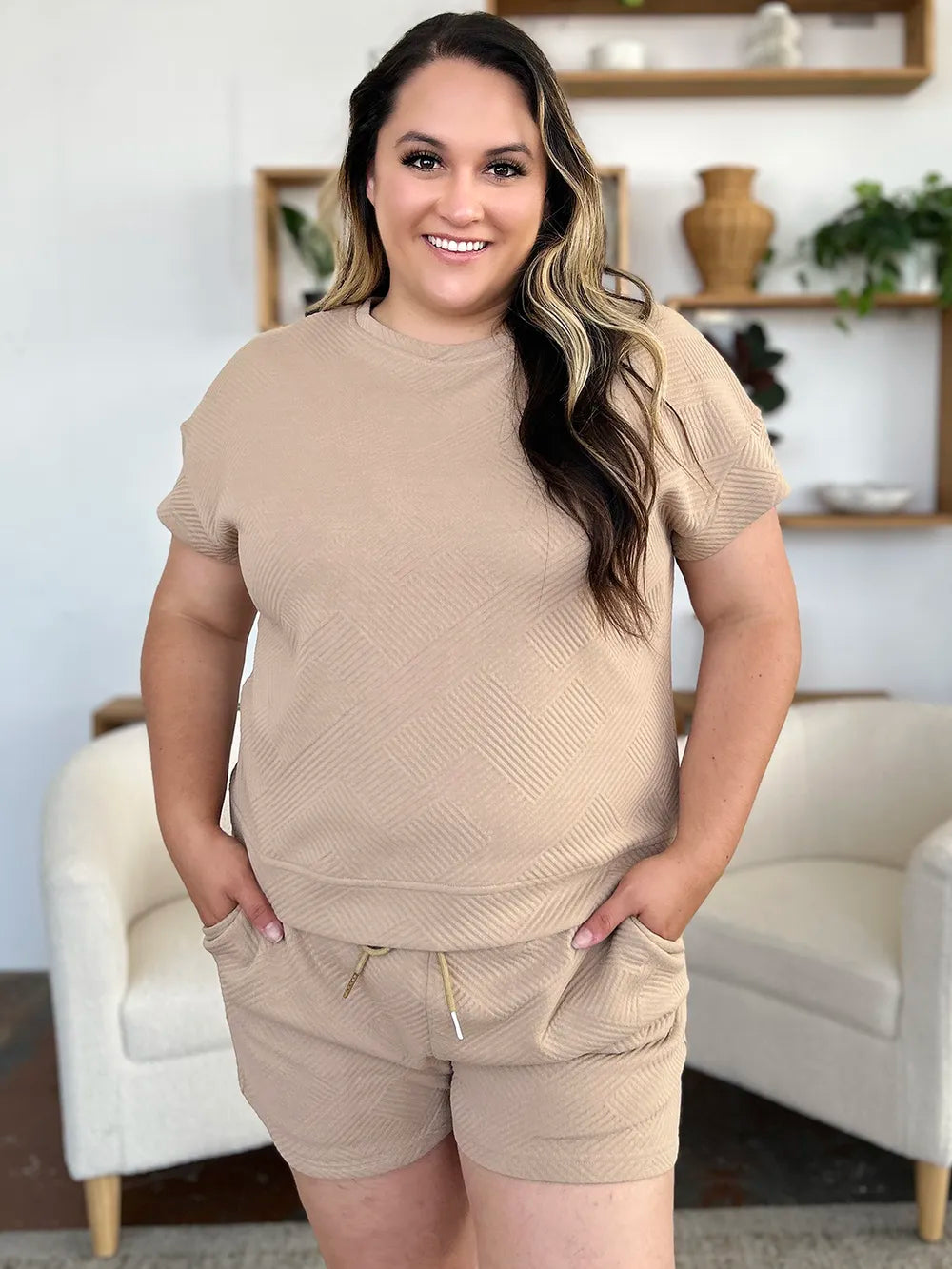 Double Take Full Size Texture Short Sleeve T-Shirt and Drawstring Shorts Set - Fashorio