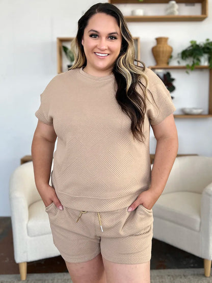 Double Take Full Size Texture Short Sleeve T-Shirt and Drawstring Shorts Set - Fashorio