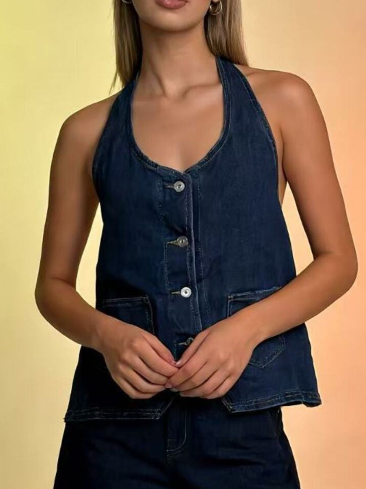 Halter Neck Button Down Denim Vest in Dark Blue