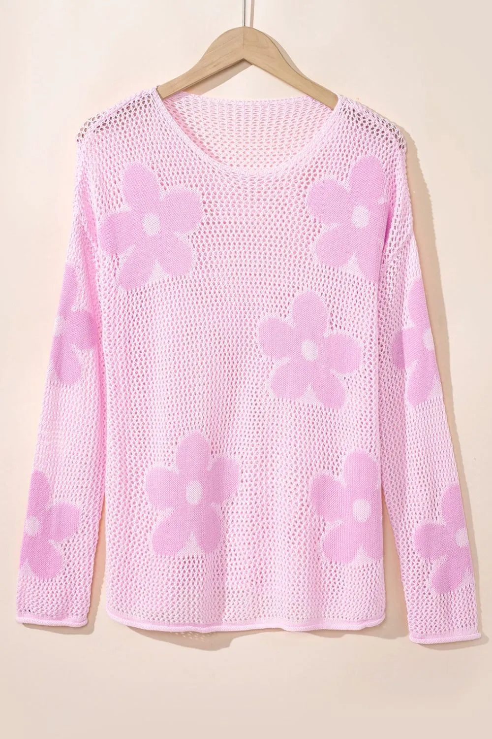 Openwork Round Neck Floral Knit Kimono Cover Up, view 8