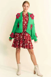 Davi & Dani Floral Applique Open Front Drop Shoulder Cardigan Green - Fashorio