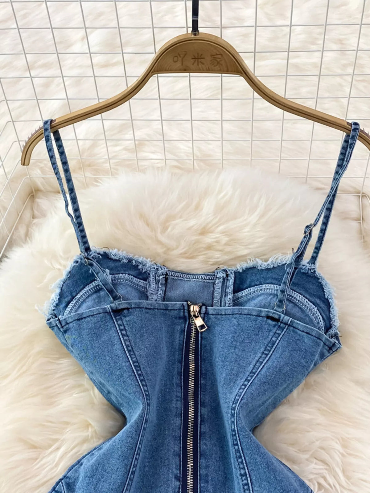 Blue lace up denim A line mini dress back view