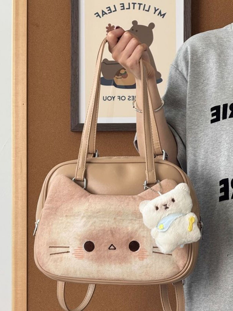 Camel faux leather cat charm shoulder bag front view