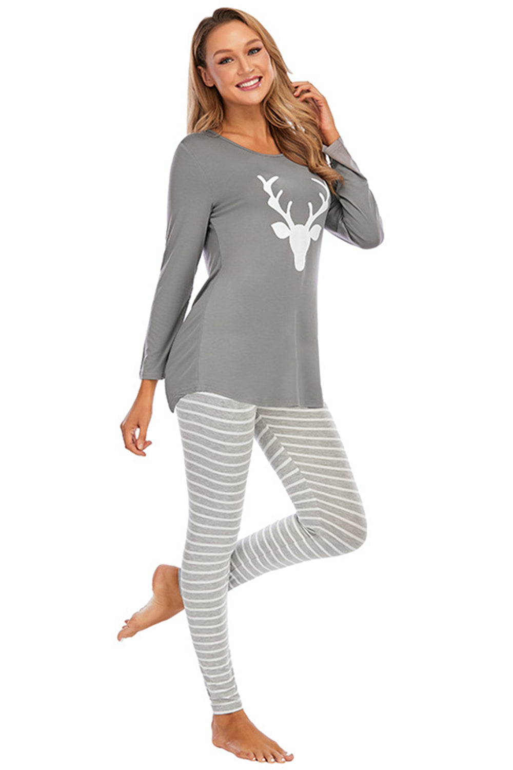 Graphic Round Neck Top and Striped Pants Set - Fashorio