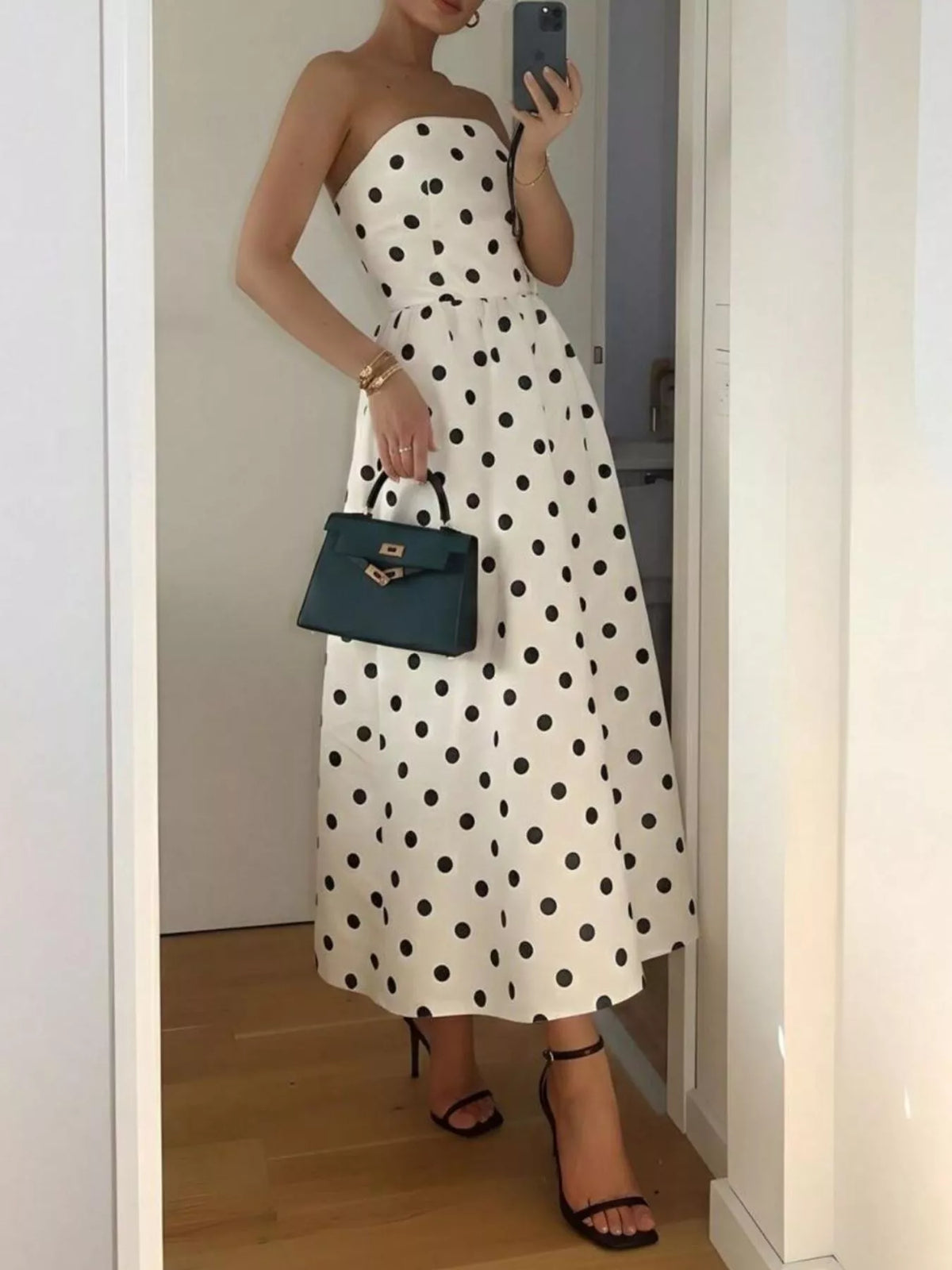 Cream polka dot strapless midi dress, detail view