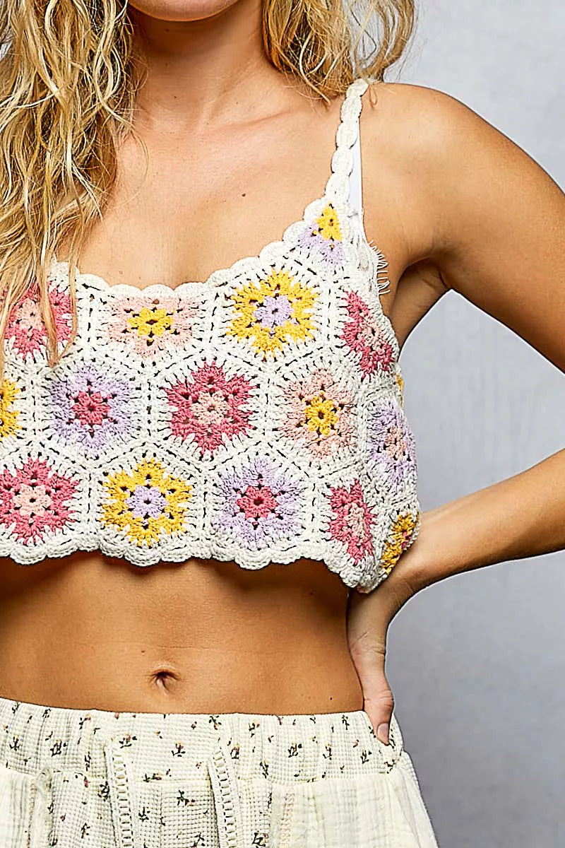 Crochet cami top close up scalloped strap texture