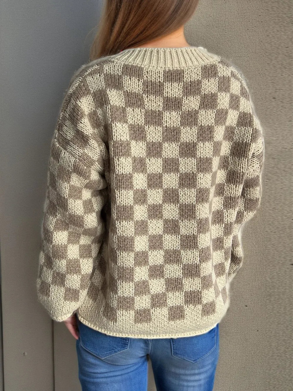 Checkered Button Up Round Neck Cardigan - Fashorio