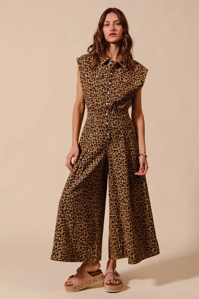 SO ME Wide Leg Leopard Twill Overalls Jumpsuit with Tuck - Fashorio