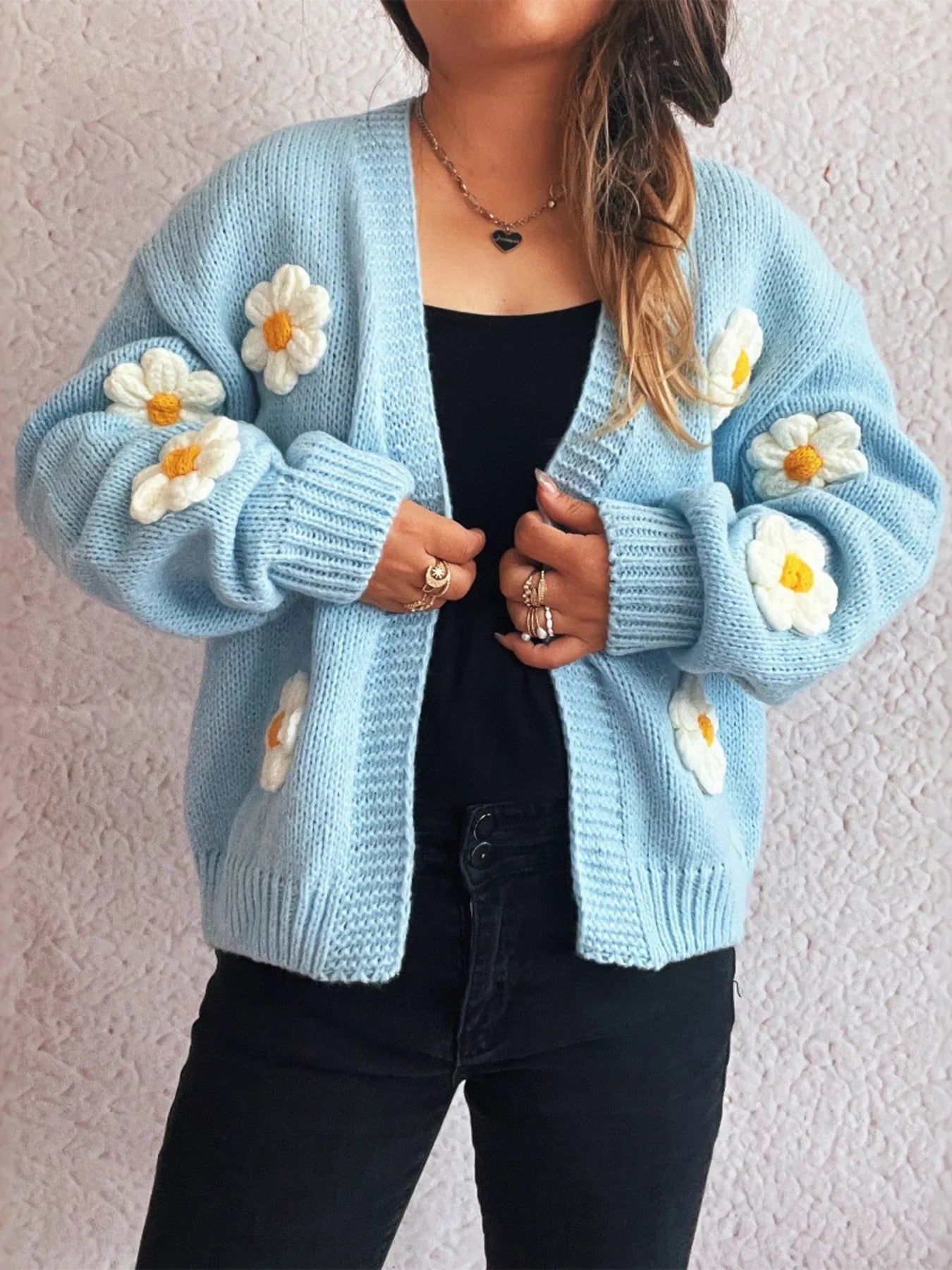 Flower Open Front Long Sleeve Cardigan - Fashorio