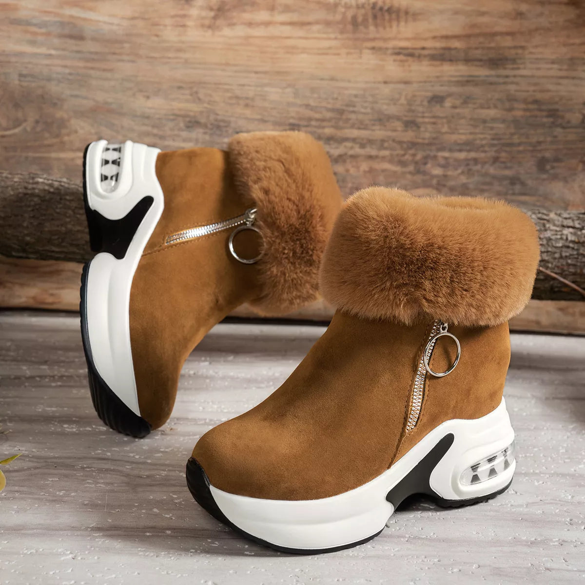 Fuzzy platform ankle boots studio shot